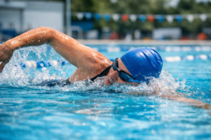Schwimmer im Pool mit blauer Badehaube